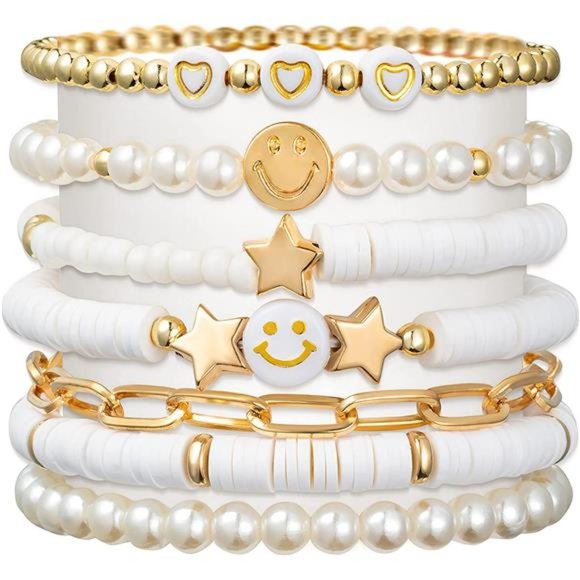 Preppy Heishi Bracelets Set Colorful White Gold Smile Heart Star Evil Eye Beaded - Picture 1 of 6
